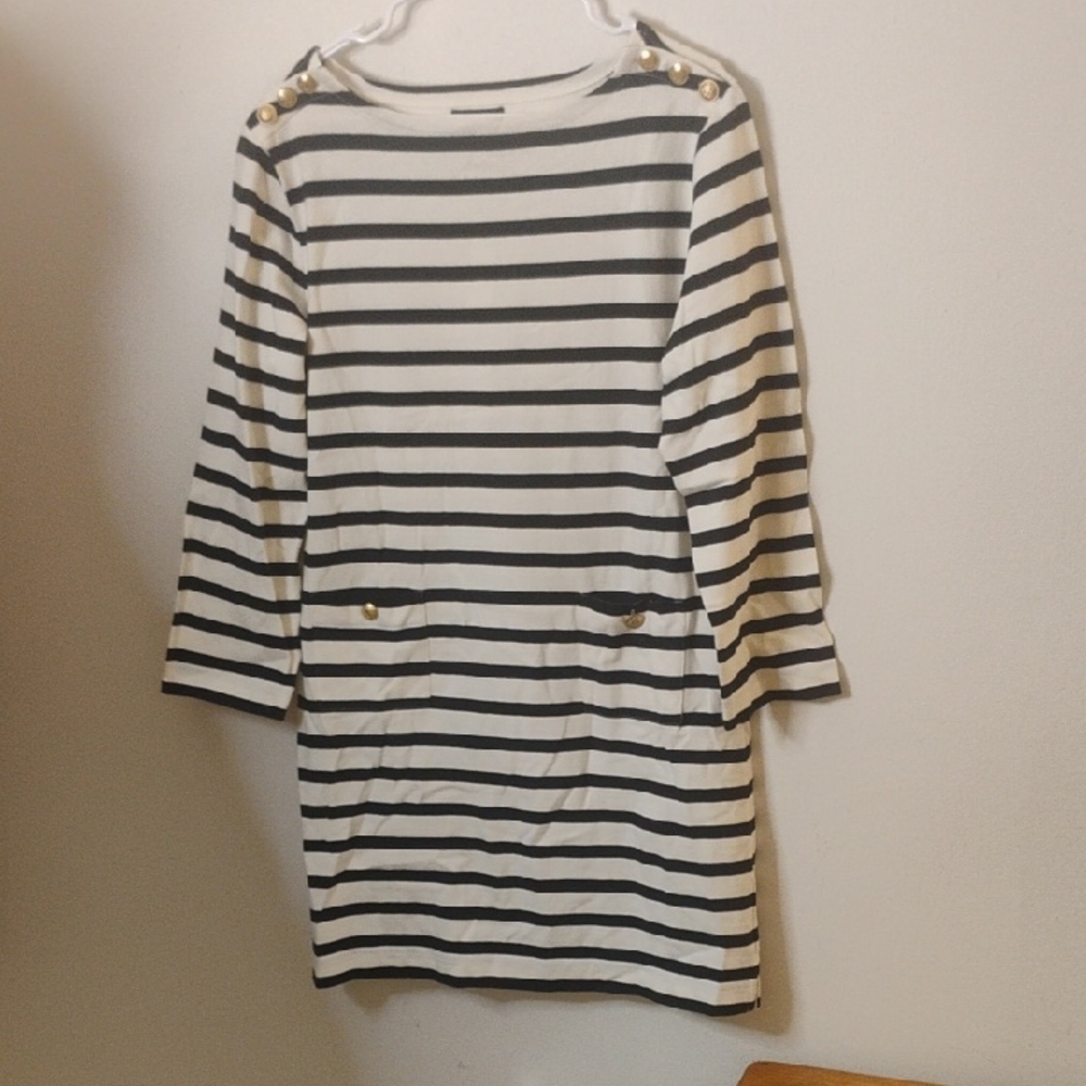 J. Crew Medium Black and White Striped cloth shirt-dress with gold buttons NWT
